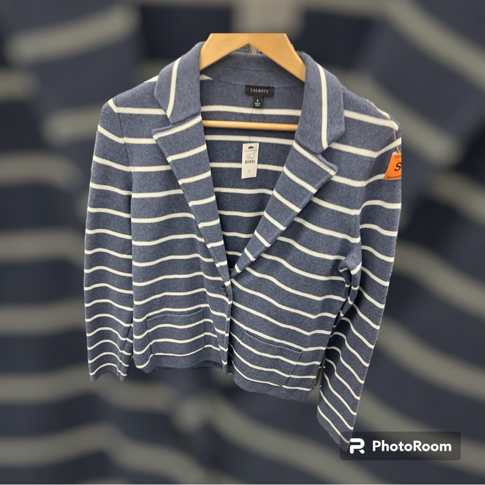 Talbots blazer sweater striped white and blue